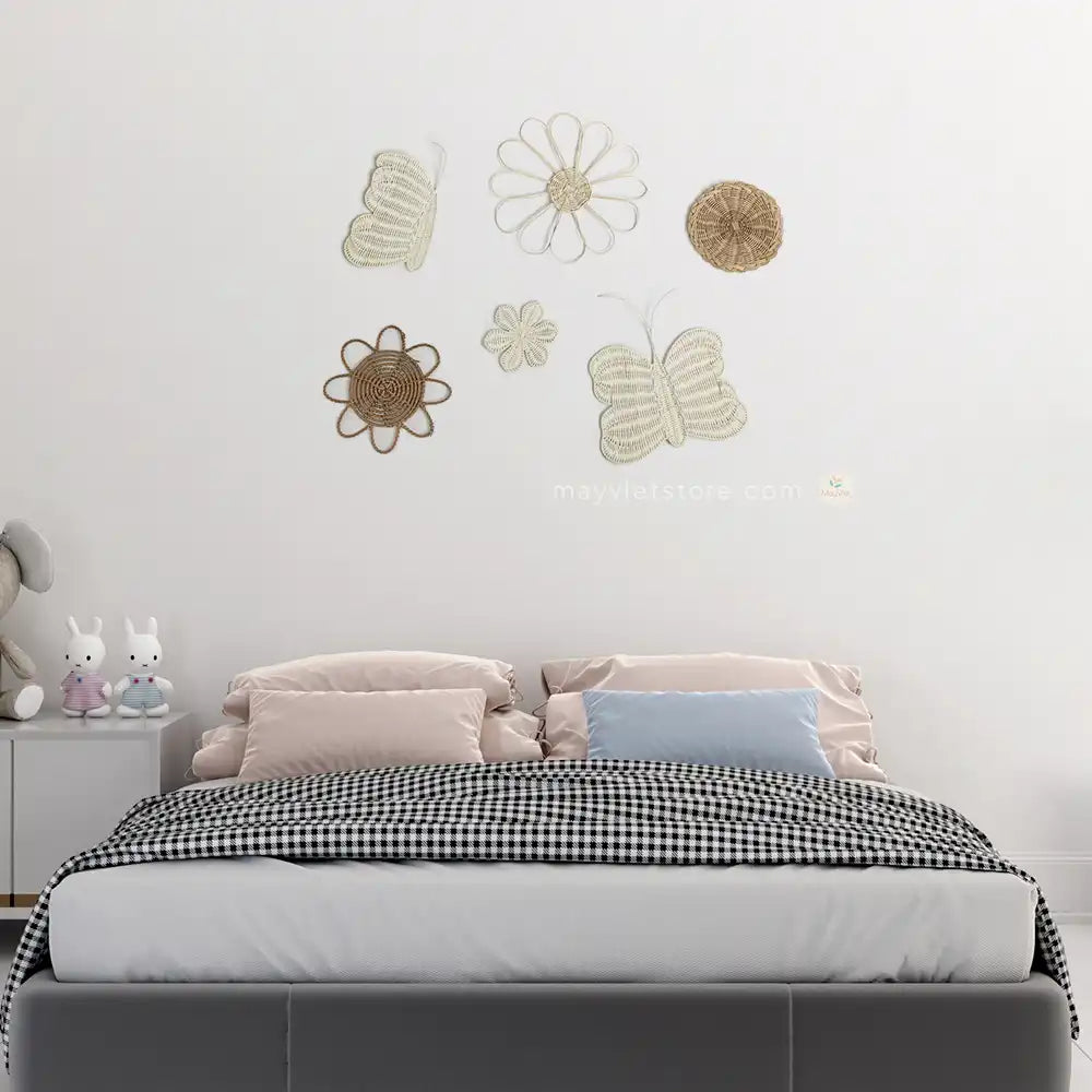 MayViet Set of 6 Nursery Handmade Rattan Wicker Wall Art Decor, Flower Sun Butterfly Basket Shape