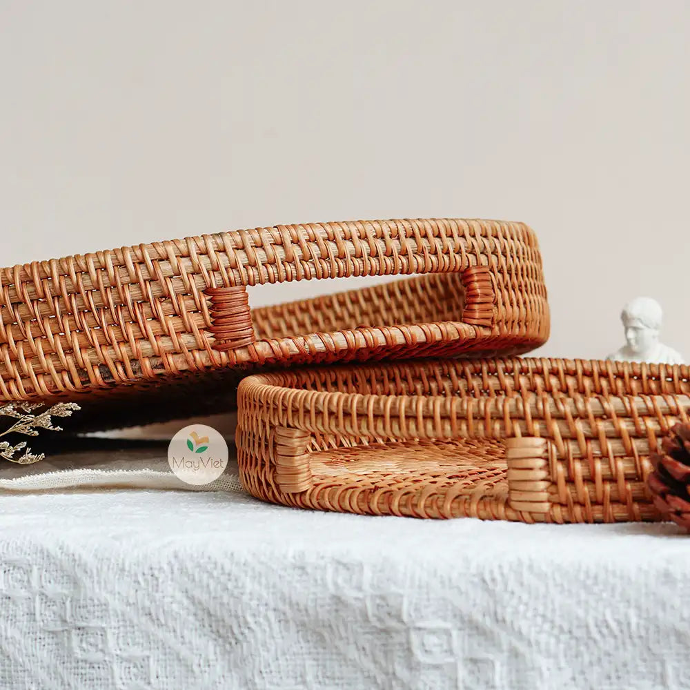 Stackable Round  Rattan Wicker Basket Tray with Handles