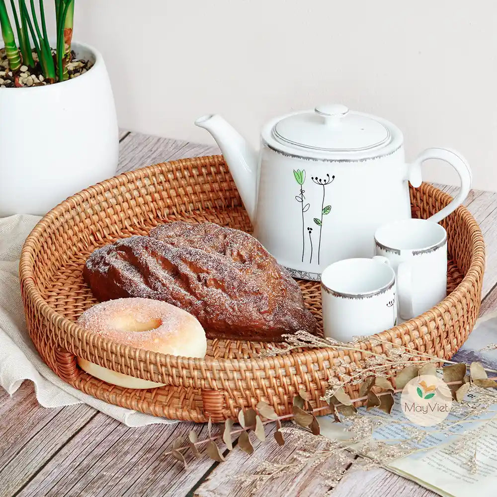 Stackable Round  Rattan Wicker Basket Tray with Handles