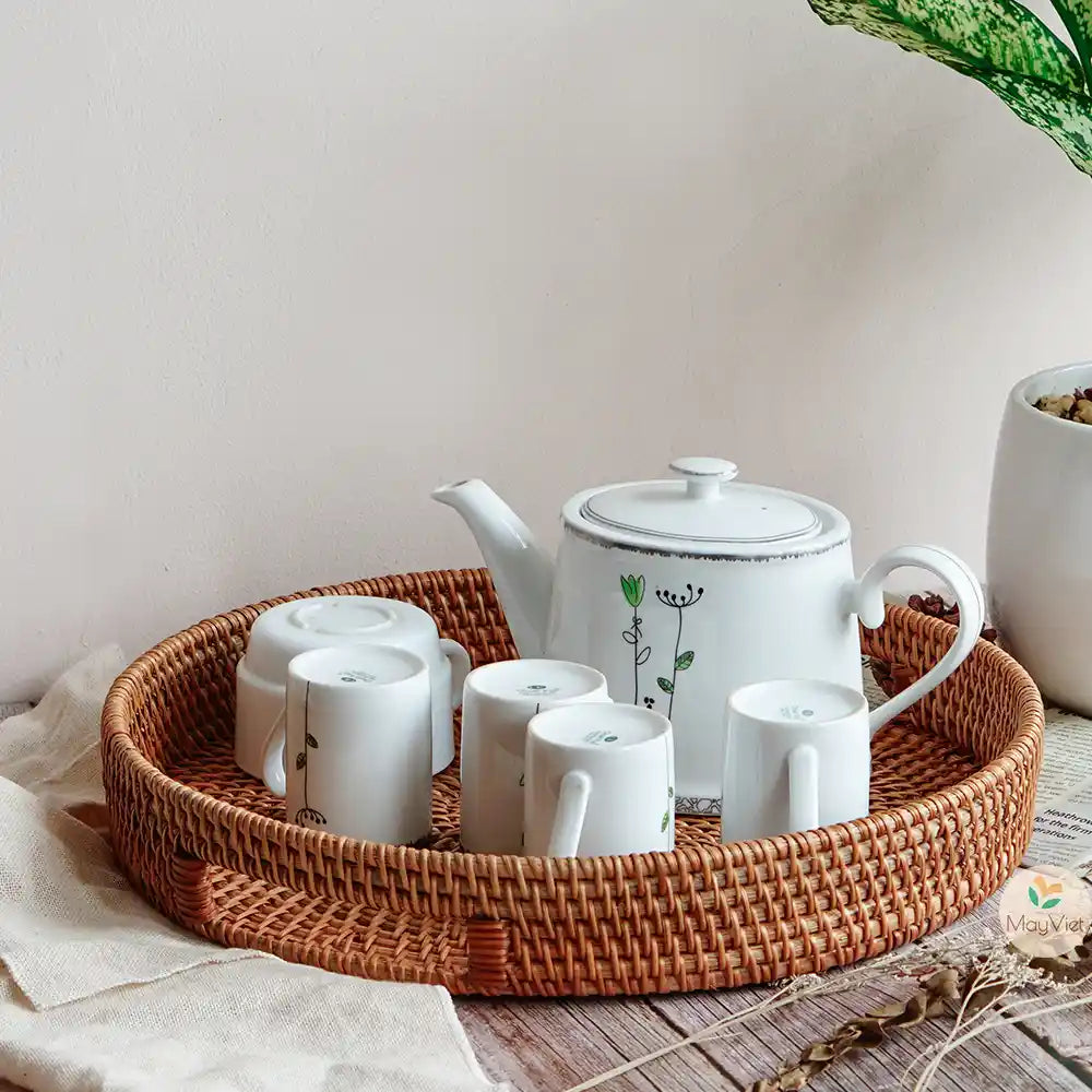 Stackable Round  Rattan Wicker Basket Tray with Handles