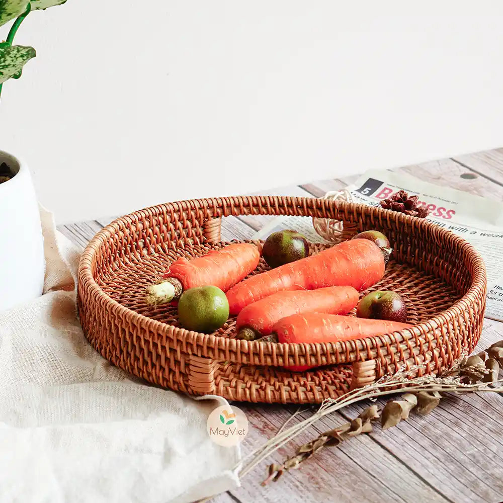Stackable Round  Rattan Wicker Basket Tray with Handles
