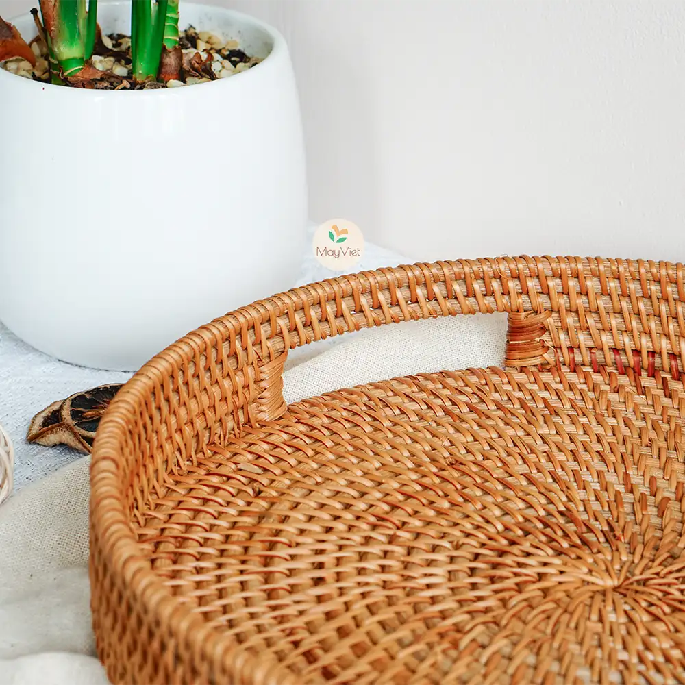 Stackable Round  Rattan Wicker Basket Tray with Handles