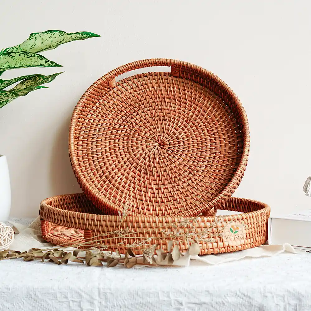 Stackable Round  Rattan Wicker Basket Tray with Handles