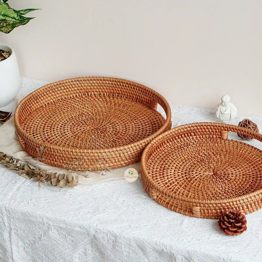 Stackable Round  Rattan Wicker Basket Tray with Handles