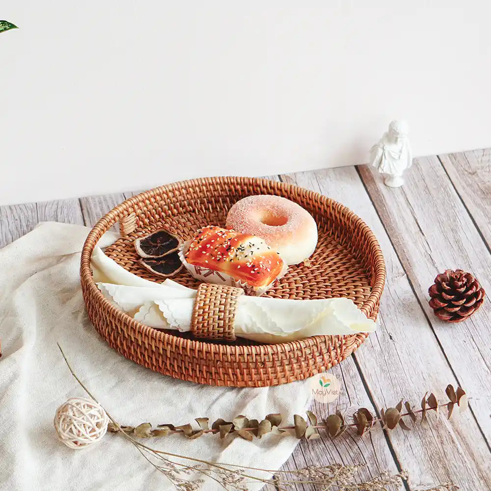 Stackable Round  Rattan Wicker Basket Tray with Handles