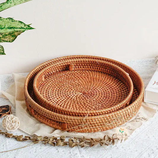 Stackable Round  Rattan Wicker Basket Tray with Handles