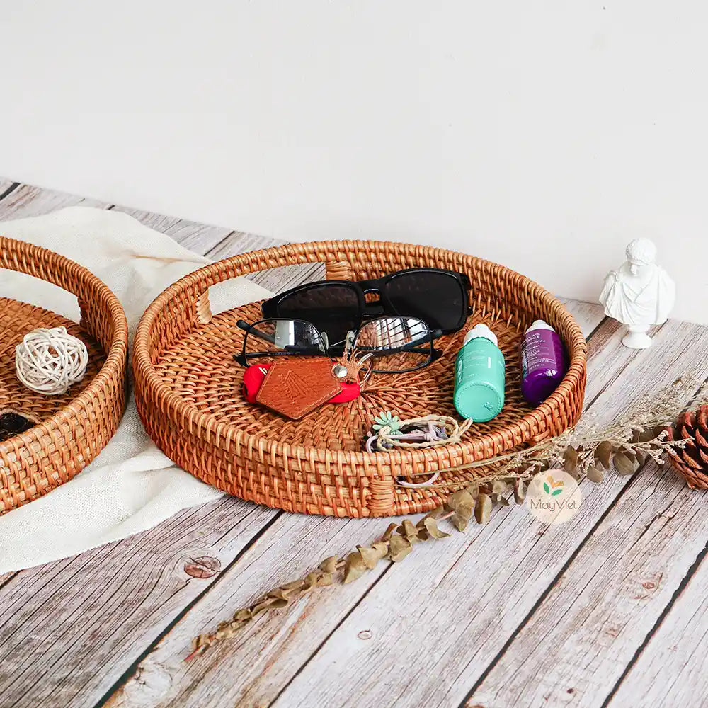 Stackable Round  Rattan Wicker Basket Tray with Handles