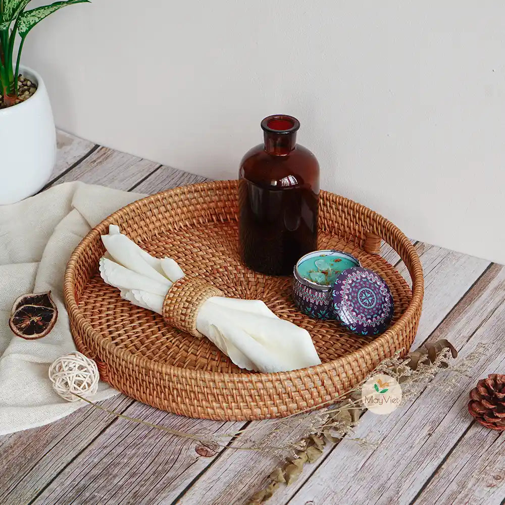 Stackable Round  Rattan Wicker Basket Tray with Handles