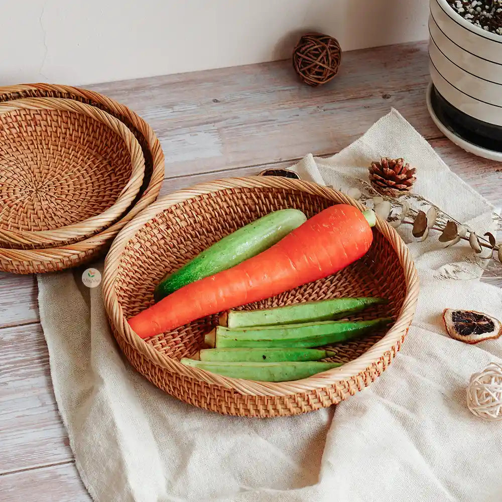 Stackable Ottoman Round Rattan Basket Tray