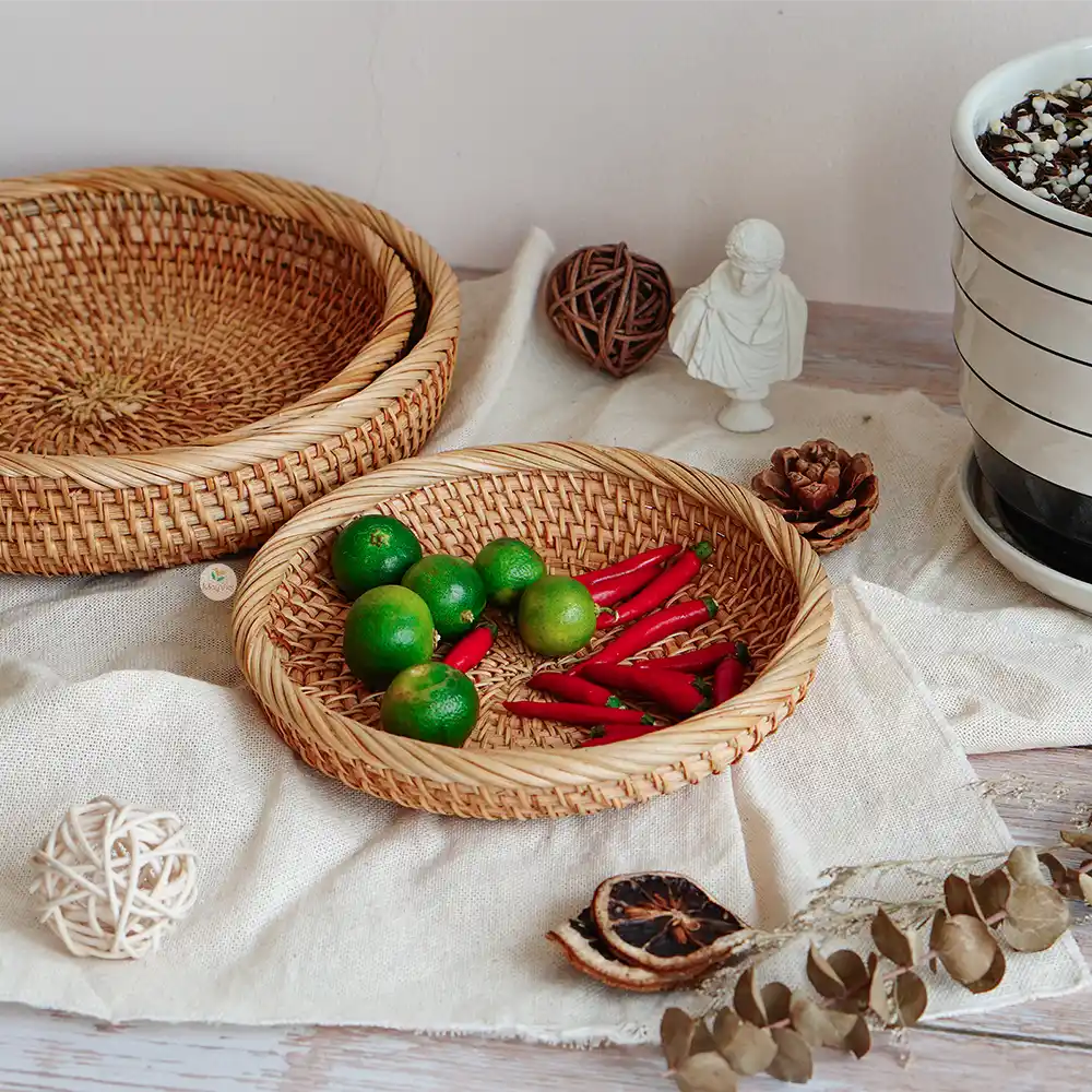 Stackable Ottoman Round Rattan Basket Tray