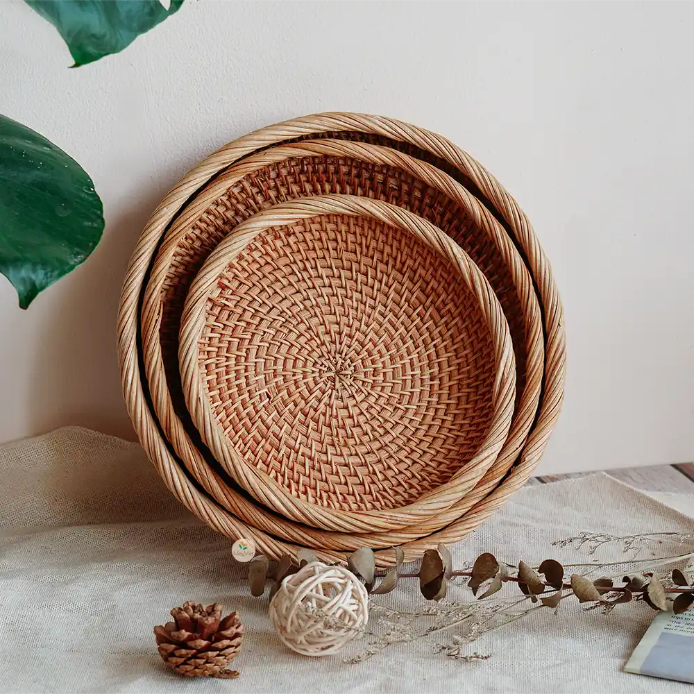 Stackable Ottoman Round Rattan Basket Tray