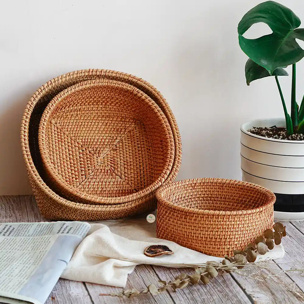 Stackable Rattan Wicker Round Basket Bowl