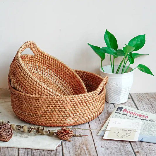 Stackable Rattan Wicker Round Basket Bowl with Handles