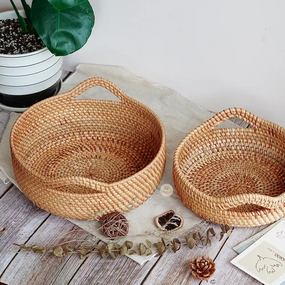 Stackable Rattan Wicker Round Basket Bowl with Handles