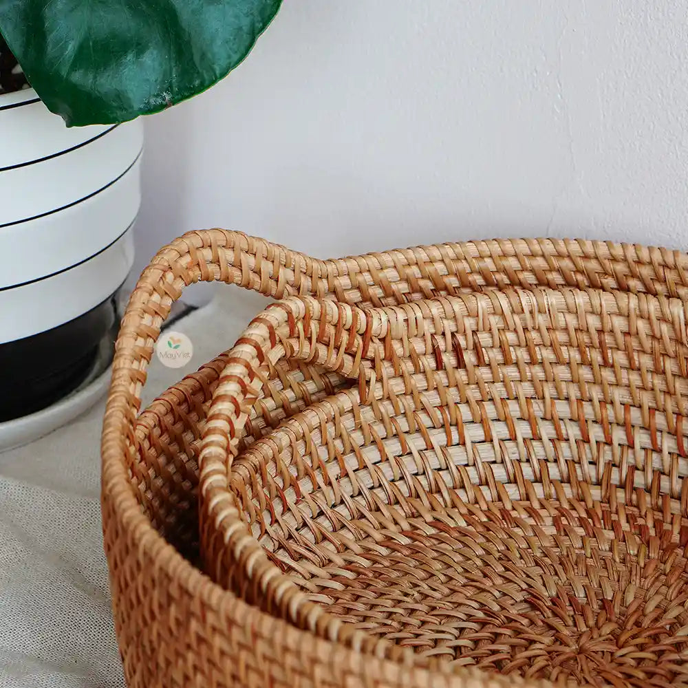Stackable Rattan Wicker Round Basket Bowl with Handles