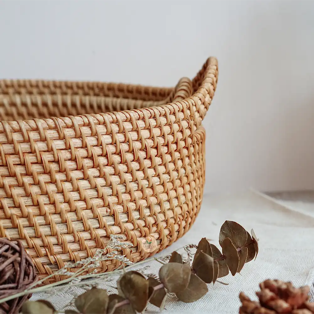 Stackable Rattan Wicker Round Basket Bowl with Handles