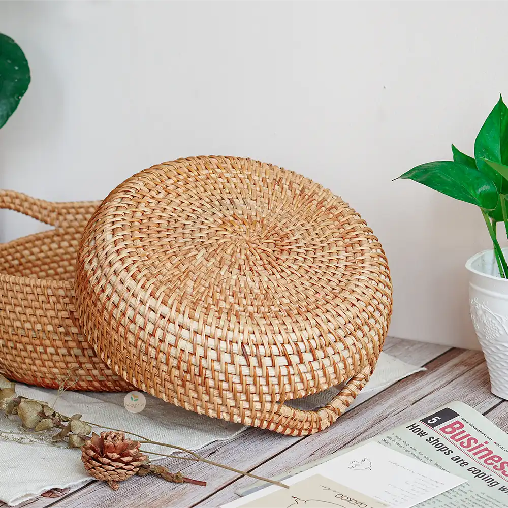 Stackable Rattan Wicker Round Basket Bowl with Handles