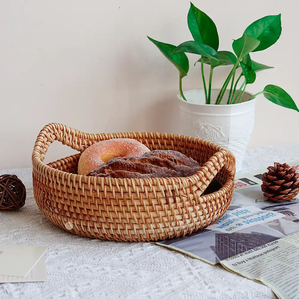 Stackable Rattan Wicker Round Basket Bowl with Handles