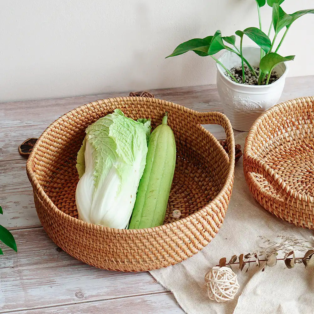 Stackable Rattan Wicker Round Basket Bowl with Handles