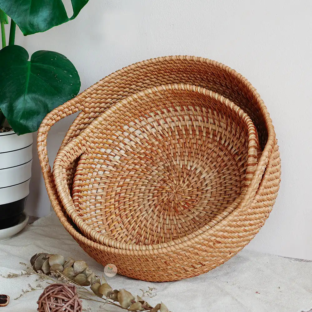Stackable Rattan Wicker Round Basket Bowl with Handles