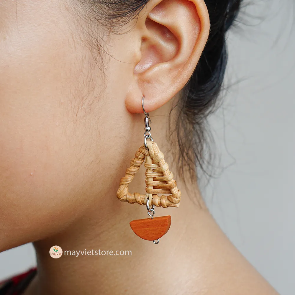 Rattan Wicker Earrings Triangle Brown Wooden Beads_ ER-08