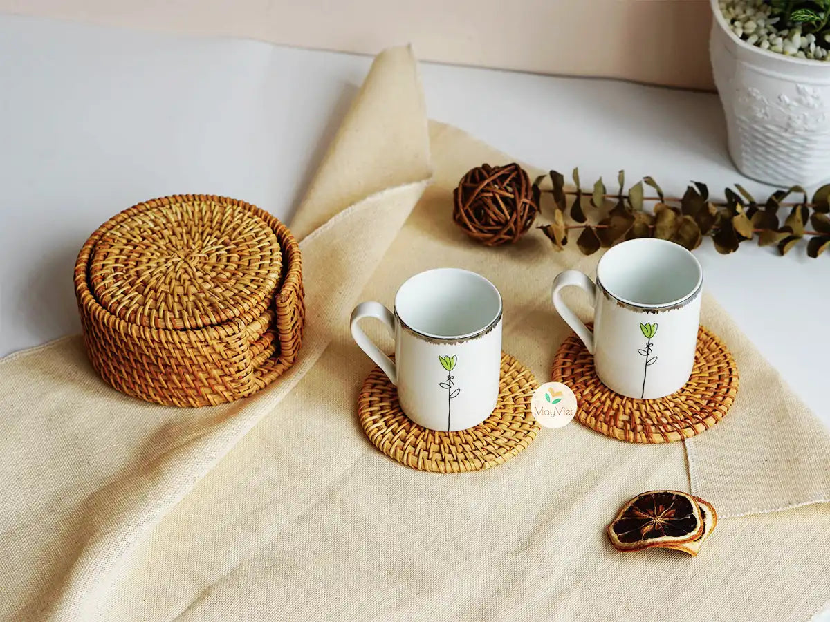 Rattan Wicker Coasters with Holder