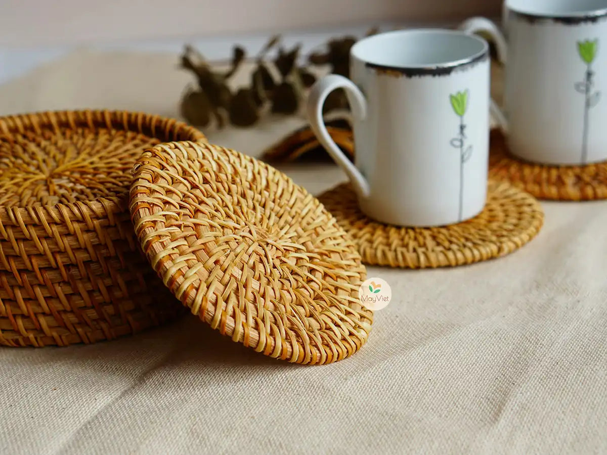 Rattan Wicker Coasters with Holder