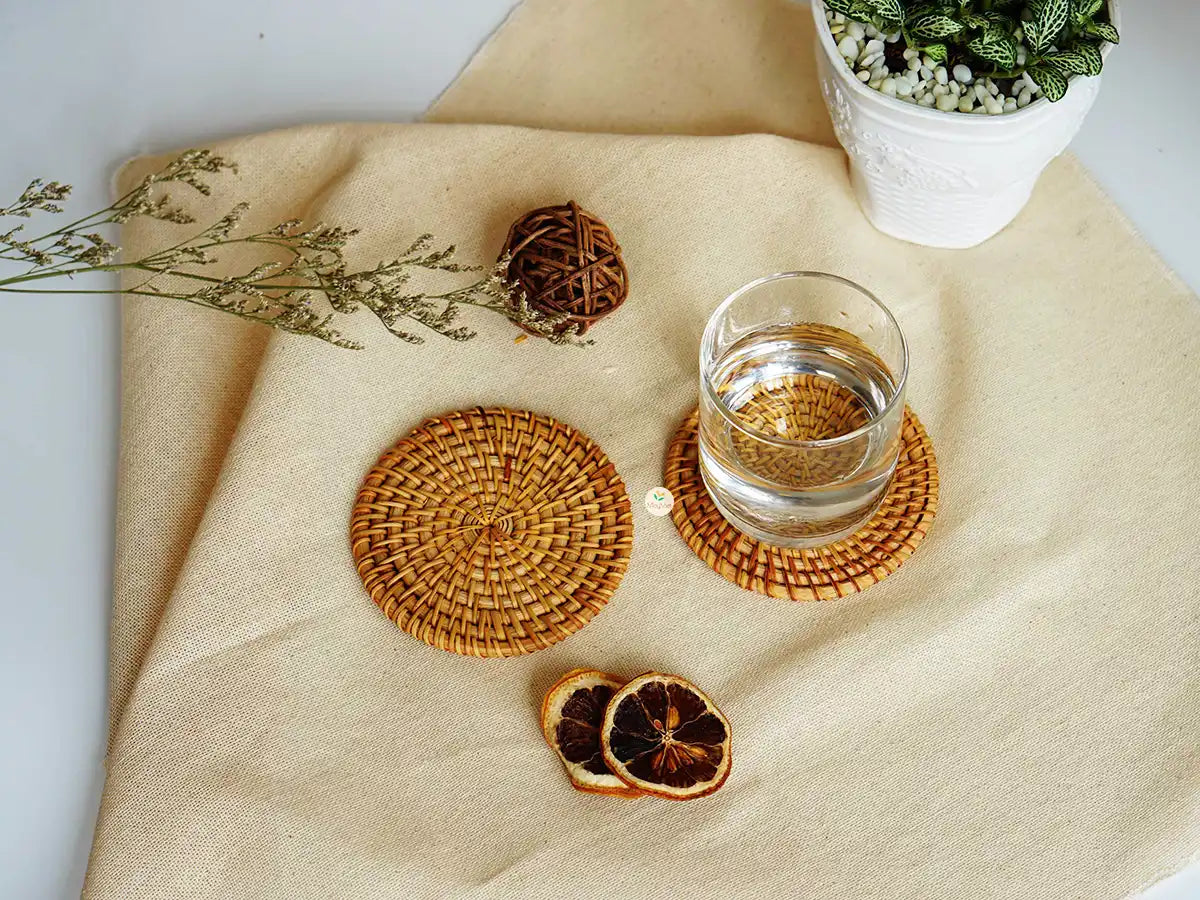 Rattan Wicker Coasters with Holder