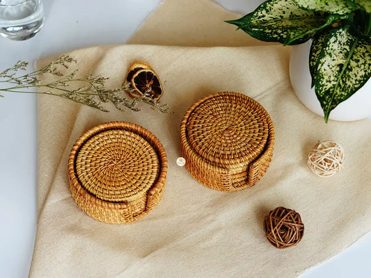 Rattan Wicker Coasters with Holder