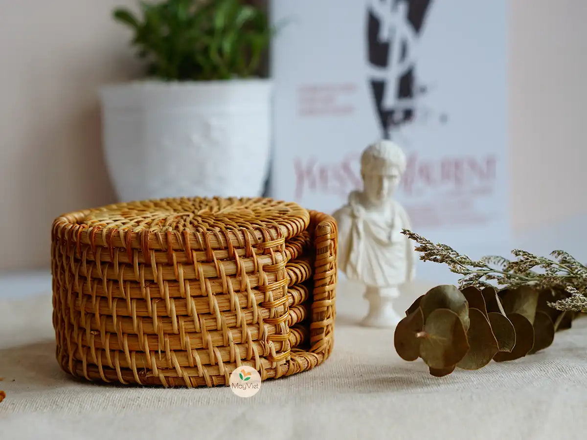 Rattan Wicker Coasters with Holder