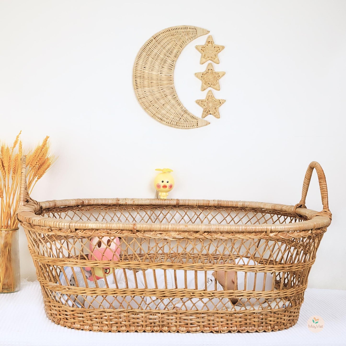 Rattan Wicker Moon and Star Wooden Beads Handmade Nursery Wall Art Decor