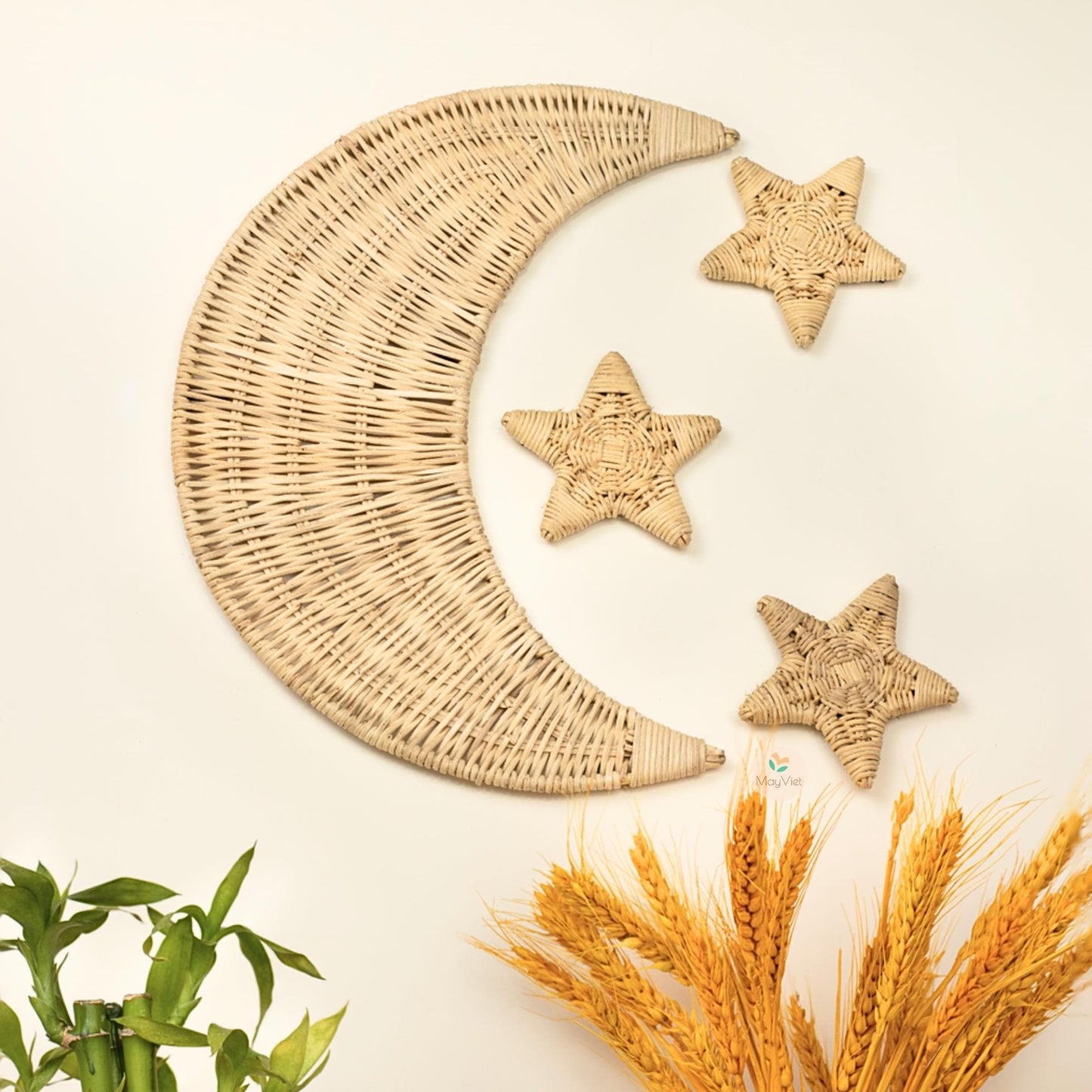 Rattan Wicker Moon and Star Wooden Beads Handmade Nursery Wall Art Decor