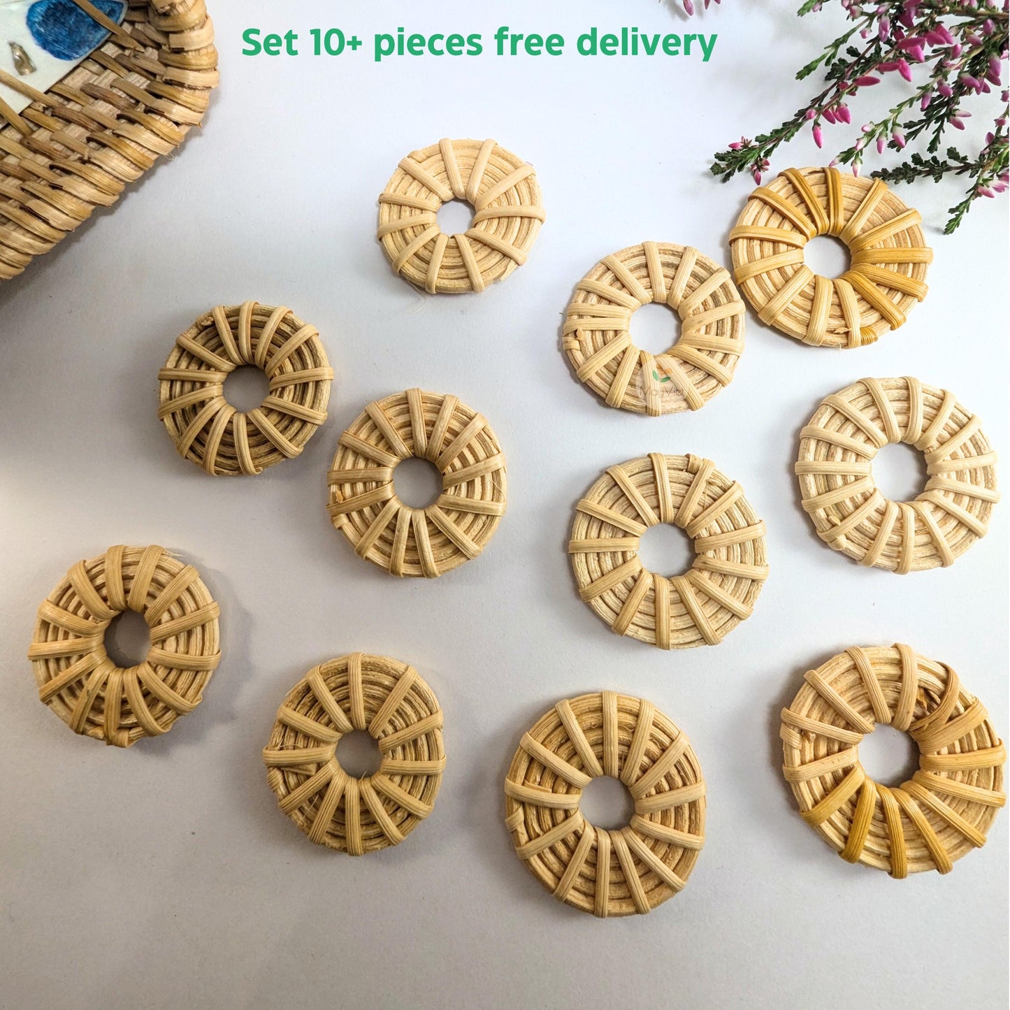 10+ pcs Handwoven Natural Rattan Charms For Earrings, Boho Jewelry White Round Shape
