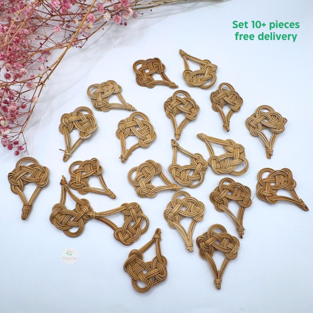 10+ pcs Handwoven Natural Rattan Charms For Earrings Pendant, Boho Jewelry Making Brown Chinese Knot