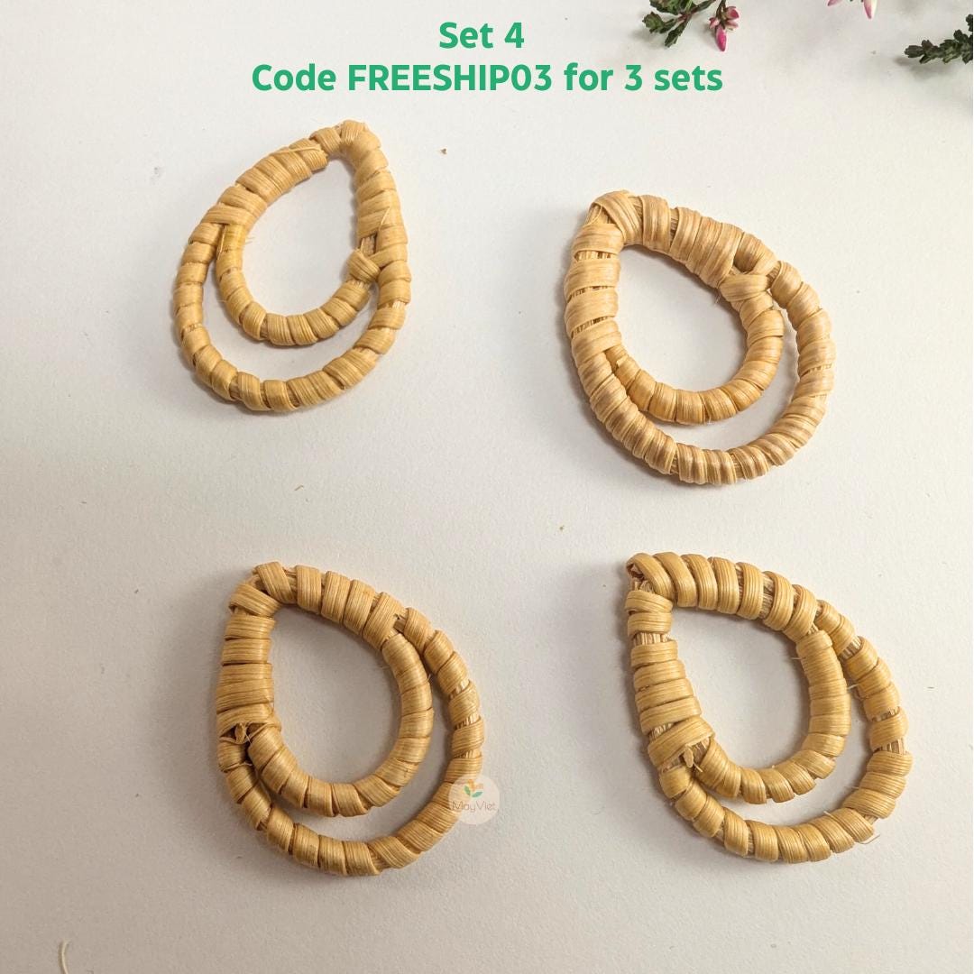 4 pcs Handwoven Natural Rattan Charms For Earrings, Boho Jewelry Brown Teardrop Shape