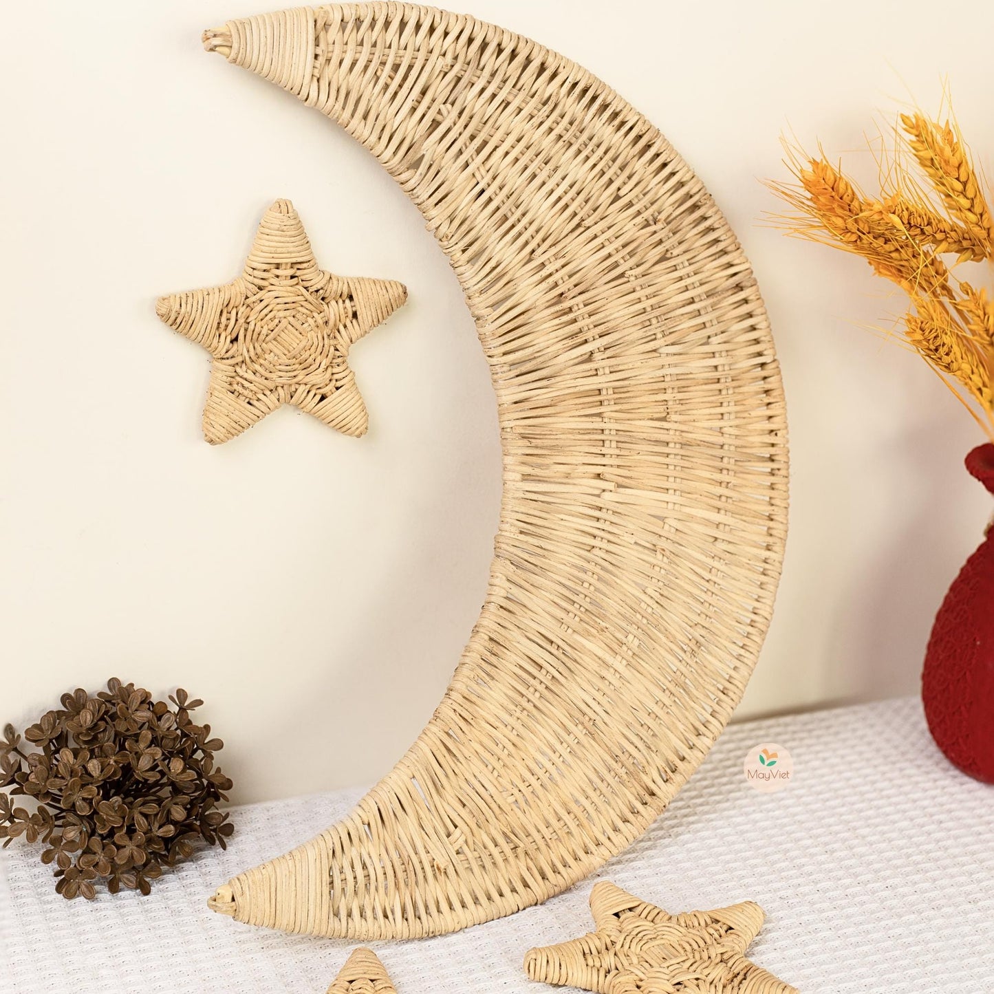 Rattan Wicker Moon and Star Wooden Beads Handmade Nursery Wall Art Decor