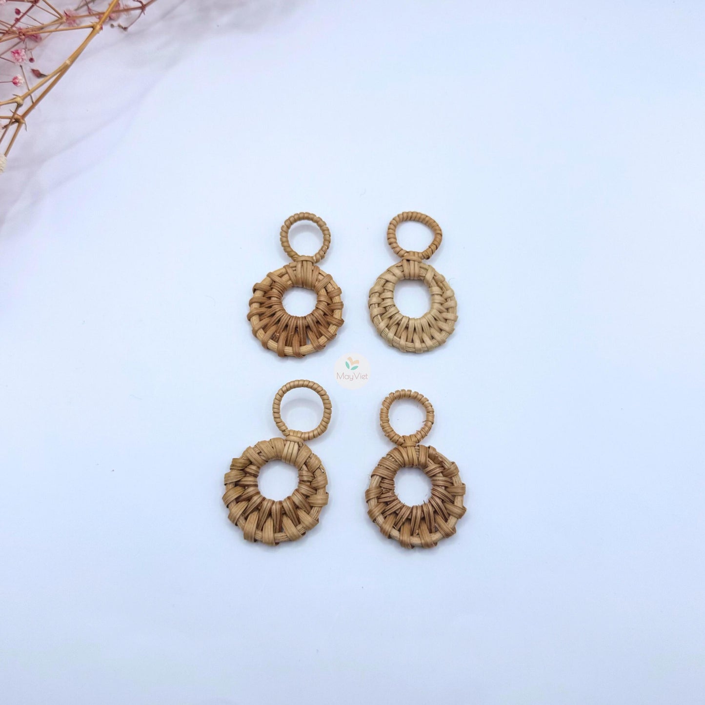 4 pcs Handwoven Natural Rattan Charms For Earrings Pendant, Boho Jewelry Brown Double Circle