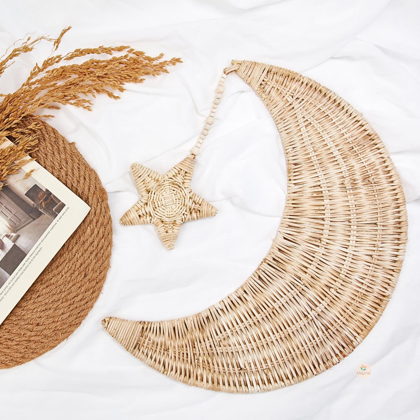 Rattan Wicker Moon and Star Wooden Beads Handmade Nursery Wall Art Decor