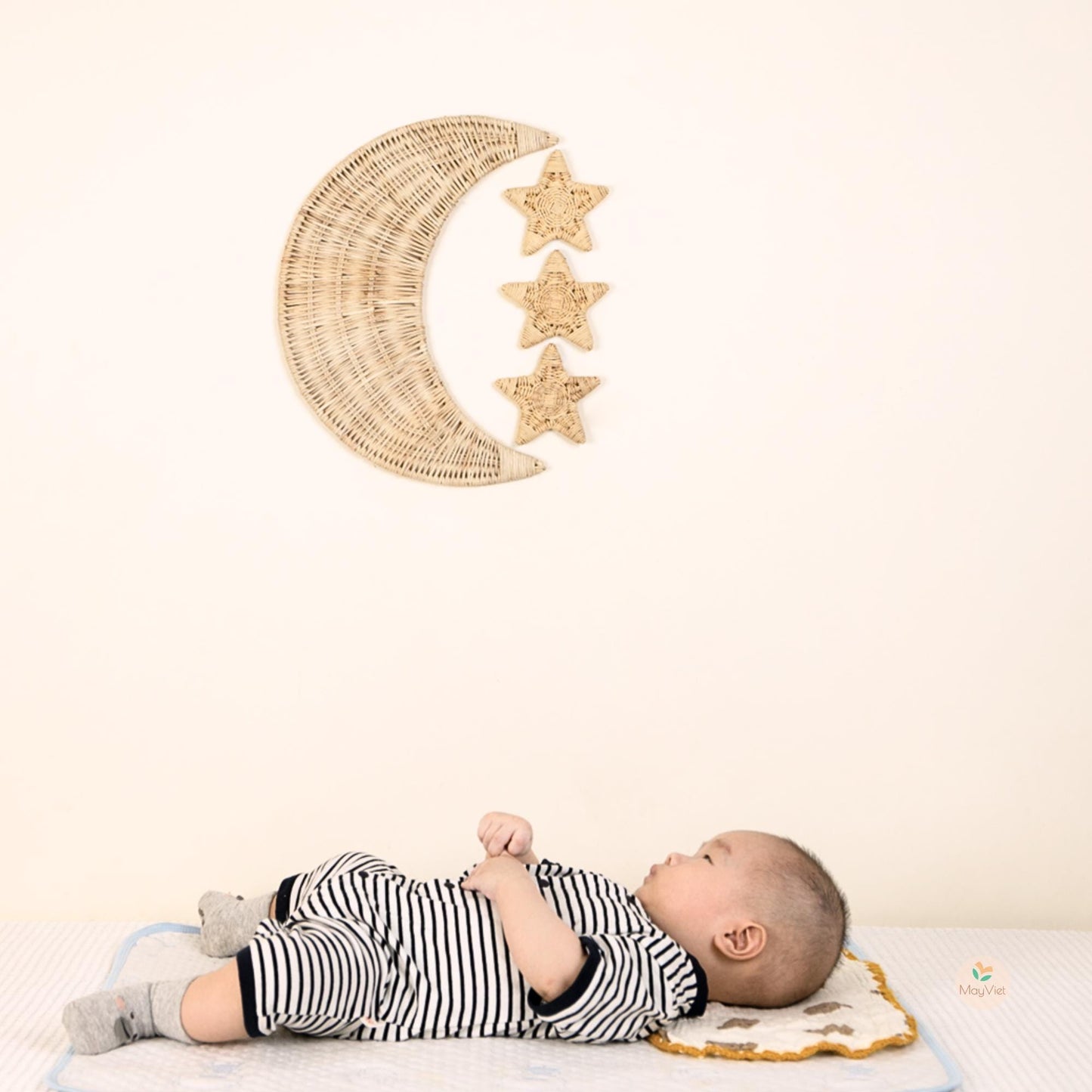 Rattan Wicker Moon and Star Wooden Beads Handmade Nursery Wall Art Decor