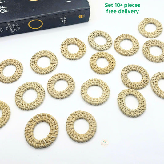 10+ pcs Handwoven Natural Rattan Charms For Earrings Pendant, Boho Jewelry Making White Round
