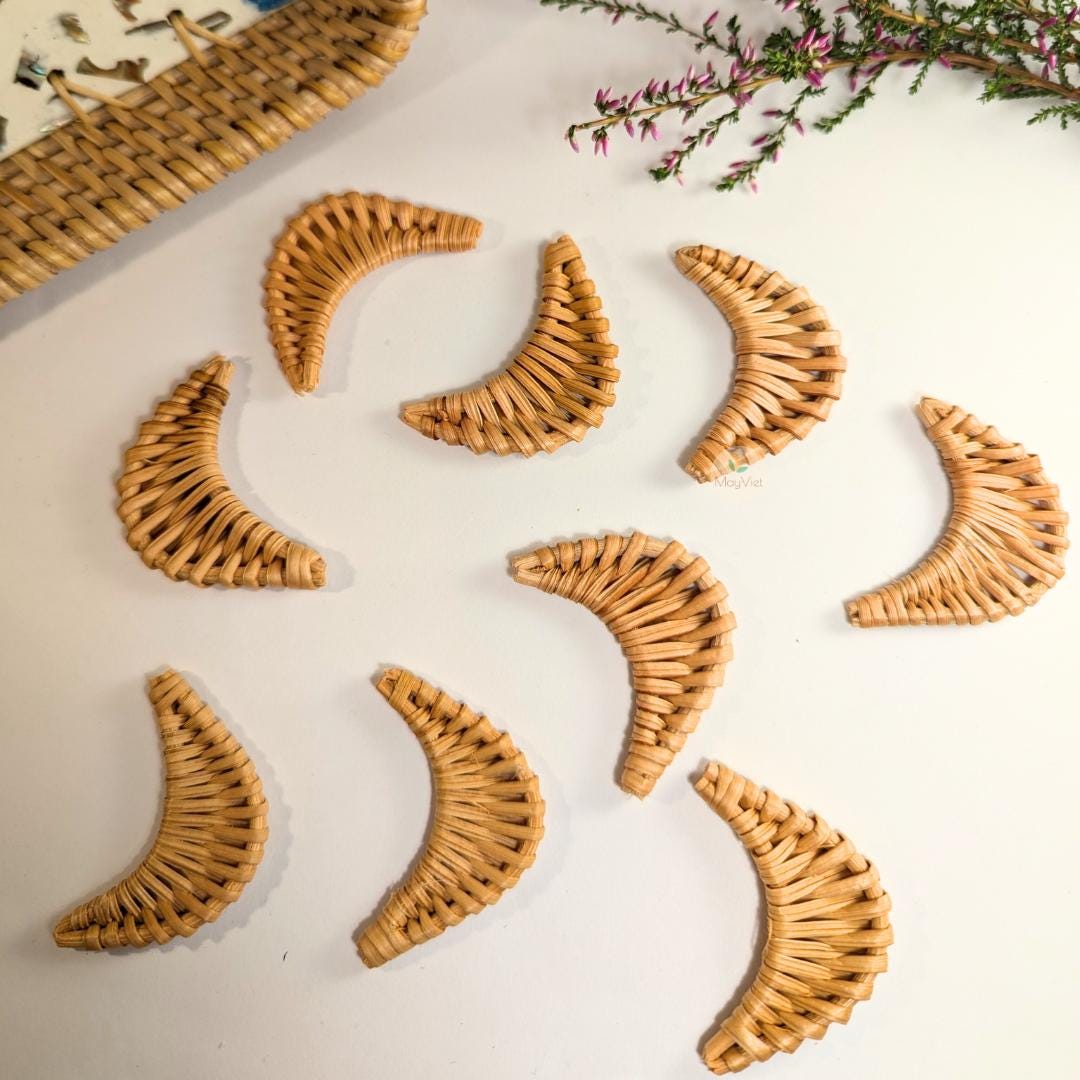 4 pcs Handwoven Natural Rattan Charms For Earrings, Boho Jewelry Moon Shape